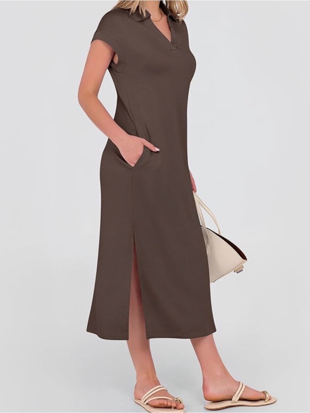 Casual V-Neck Maxi Shirt Dress in Chocolate Brown - Picture 2 of 10
